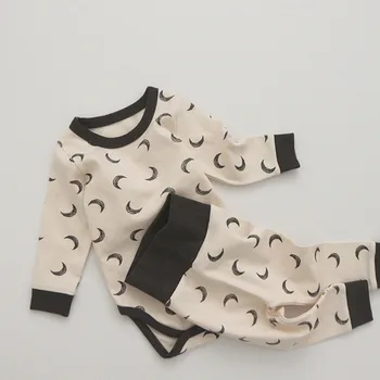 0-24M Yenidoğan Çocuk Erkek Bebek Kız Giysileri Uzun Kollu Romper Bodysuit takım elbise Pamuk İki Parçalı Set Yeni Doğan Kıyafet