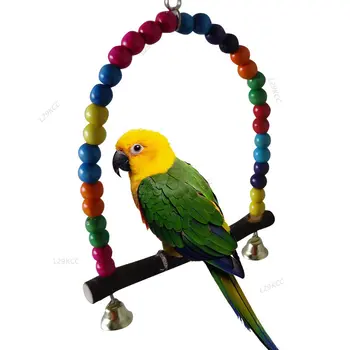 1 ADET Dayanıklı Ahşap Papağanlar Standı Salıncak Oyuncak Kuşlar renkli boncuklar Kuş Malzemeleri Bells Oyuncaklar Levrek Asılı Salıncaklar Kafes Evcil Hayvanlar için