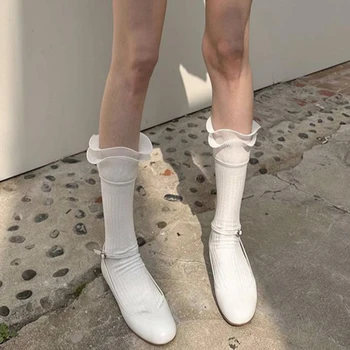1 Çift Bahar Yaz Çift Katmanlı Yeni 3D Fırfır Orta Tüp Çorap Ins Tarzı Sadelik Düz Renk Dekoratif Orta Tüp Çorap