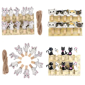 10 Adet/grup Kawaii Siyah ve Beyaz Kedi ahşap ataş Fotoğraf Kağıdı Clothespin Craft Klipler Parti Dekorasyon Klip Kenevir Halat