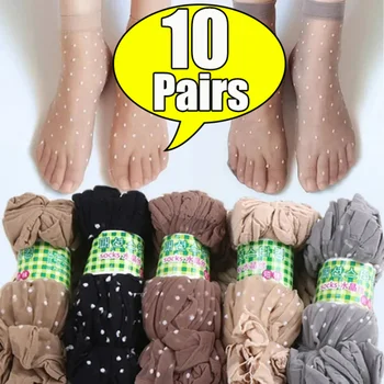 10 pairs Siyah Nokta Şeffaf Çorap Ultra-ince Elastik Kadın Kristal İpek Çorap Naylon Moda Bayanlar Yaz Kısa Ayak Bileği Çorap