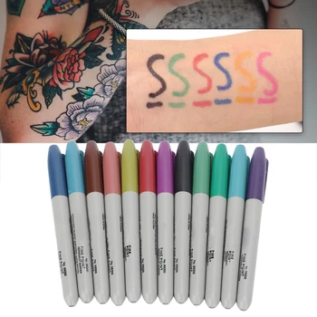 12 Renk Çok Fonksiyonlu Yıkanabilir dövme kalemi Kalem Suluboya Dövme Boyama Kalem Dövme Konumlandırma Aracı Dövme Malzemeleri Seti