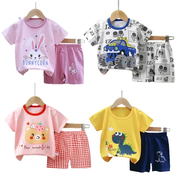 2 ADET Bebek Giyim Seti Yaz Bebek pamuklu giysiler Kızlar için Bebek Erkek kısa kollu tişört + Şort Takım Elbise Yürümeye Başlayan Çocuklar Kıyafetler