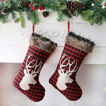 2 Adet / takım 51cm Kırmızı Siyah Ekose Çorap Çorap Noel Elk Desen Kırmızı Çorap Asılı Dekorasyon Kürk Yaka Kolye Noel Hediyesi