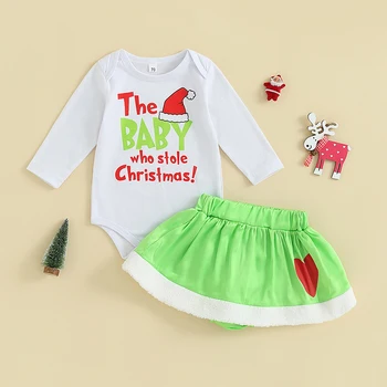 2023-07-19 Lioraitiin 0 - 24M Bebek Kız Noel Kıyafetleri Mektup Baskı Uzun Kollu Romper ve Elastik Etek 2 Parça Giysi