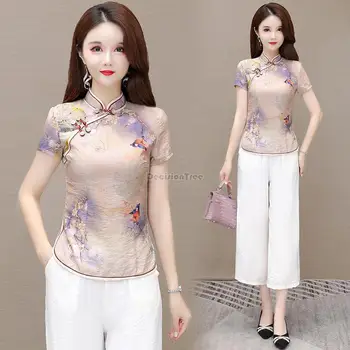 2023 cheongsam bluz günlük çin tarzı kadın kısa kollu standı yaka retro çin baskılı kısa tang takım elbise s374