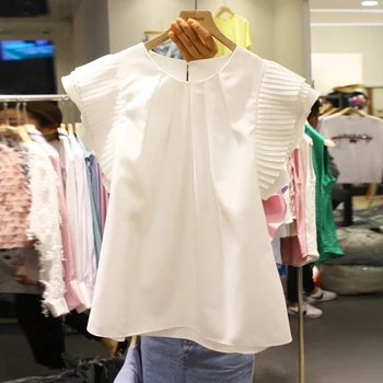 2023 İlkbahar Yaz Yeni O-boyun Kısa Kollu Katı Kadın Bluz Pilili Kadın Üstleri Kore Moda Gevşek Casual Gömlek Blusas