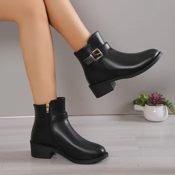 2023 moda ayakkabılar Kadınlar için Kış Orta Buzağı bayan Botları Düz Renk Yuvarlak Ayak Toka Fermuar Tıknaz Topuk Zapatillas De Mujer