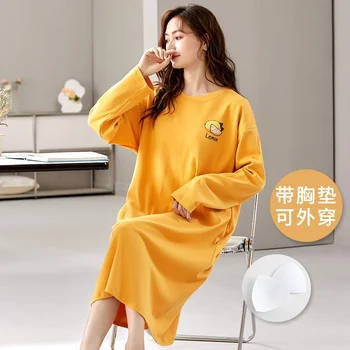 2023 Sonbahar Artı Boyutu Uzun Kollu Pamuklu Gecelikler Kadınlar için Kore Gevşek Pijama gece elbisesi Gecelik Öğrenci Ev Nighty