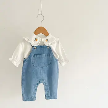 2023 Sonbahar Bebek Bebek Kız 2 ADET Giyim Seti pamuklu uzun kollu tişört Üstleri Denim Ayrılabilir Askı Pantolon Takım Elbise Toddler Kız Kıyafetler