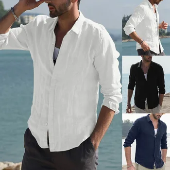 2023 Sonbahar Yeni Erkek Casual Gömlek Düz Renk Tek Göğüslü Pamuk Keten Uzun Kollu Gömlek Erkekler için