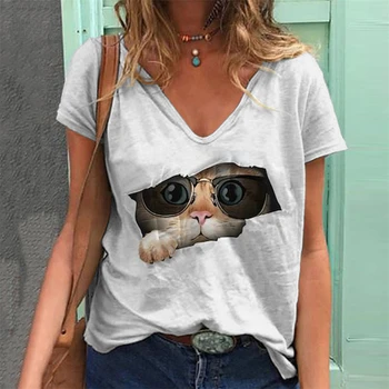 2023 Yaz T Shirt Kadın Üst Sevimli Kedi 3D Baskı Kadın kısa kollu t-shirt Harajuku Hayvan Moda Tee Gevşek Büyük Boy Giyim