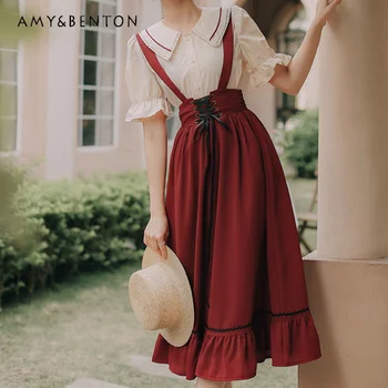 2023 Yeni Bahar Yaz Kadın Askı Elbise Seti Kore Lolita Kolsuz Uzun Düz Renk Maxi Elbise Orman Gömlek Elbise Takım Elbise