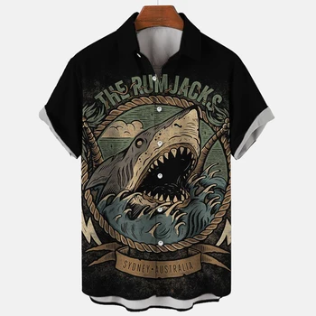 2023 Yeni Erkek Gömlek 3d Hayvan Baskı Elbise Moda Düğmesi Kısa Kollu Yaka Streetwear Gömlek Erkekler İçin Hawaii Köpekbalığı Bluz