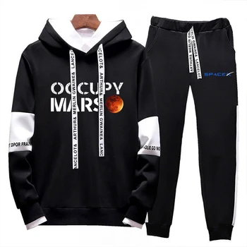 2023 Yeni erkek SpaceX Baskı Spor SpaceX Rahat Moda Kazak Polar Ekleme Hoodies + Sweatpants İlkbahar Sonbahar Takım Elbise