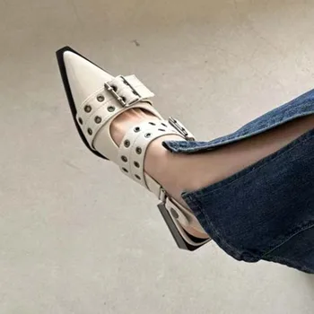 2023 Yeni Kadın Tıknaz Sandalet Yaz Ayakkabı Moda Orta Topuklu Sivri Burun parti ayakkabıları Marka rahat ayakkabılar Mujer Terlik Zapatos
