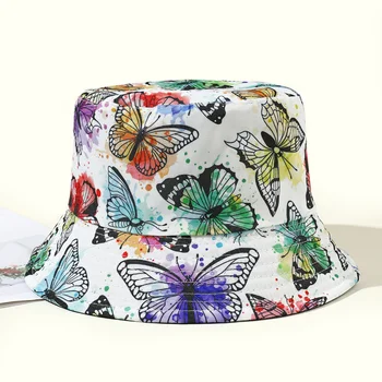 2023 Yeni Moda Kelebek Baskı Kova Şapka kadın Harajuku Seyahat Açık Güneş Koruma Siperliği Düz Üst Rahat Bob Kap Gorras