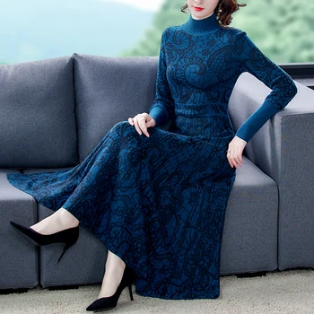 2023 Yeni Vintage Örme Elbise kadın Sonbahar / Kış Yüksek Boyun Uzun Kollu Gevşek Fit Casual tatil elbisesi Vestidos