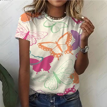 2023 Yeni Yuvarlak Boyun Yaz kısa kollu tişört kadın Gevşek ve İnce Aşk Çiçek Kelebek 3D Baskı Üst