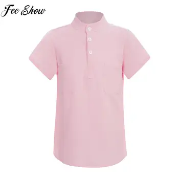 2023 Çocuk Yaz kısa kollu t-shirt Pamuk Keten Gömlek Düğmesi Rahat Standı Yaka cepli gömlek Erkek Kız için