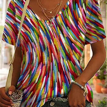 2023new Satış 3D Baskı Bayanlar Rahat Moda Gevşek Büyük Boy Çok renkli Trend Kişilik Sokak V Yaka T-shirt Ropa De Mujer