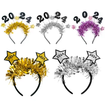 2024 Yeni Yıl Kafa Bandı Altın gümüş parıltılı Yıldız Pullu Hairhoop Aksesuarları Yeni Yıl Partisi Noel Fotoğraf Prop Dekorasyon Doğum