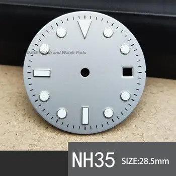 28.5 mm NH35 Arama Steril Yeşil Işıklı Saat Arama Yüz ALT Seiko NH35 Otomatik Mekanik Hareketi 3 Saat Taç Parçaları