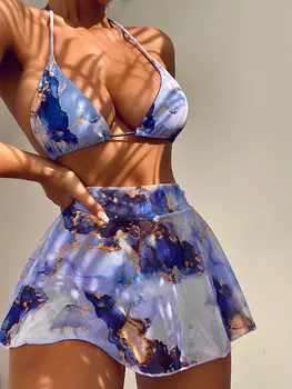 3 parçalı Set Mermer Baskı mayo 2023 Yeni Seksi Bikini plaj elbisesi Mayo Kadın Mayo Moda Yaz Plaj Mayo