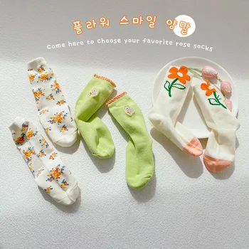 3 Çift Kombinasyon çocuk Orta tüp Çorap 2023 Bahar Çiçek Çorap Nakış Dantel İnce Prenses Çorap Kızlar için