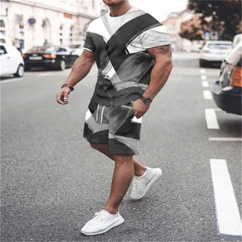 3D Yaz Baskı erkek Athleisure Seti 2 parça erkek O-Boyun T-shirt Şort Moda erkek giyim büyük boy