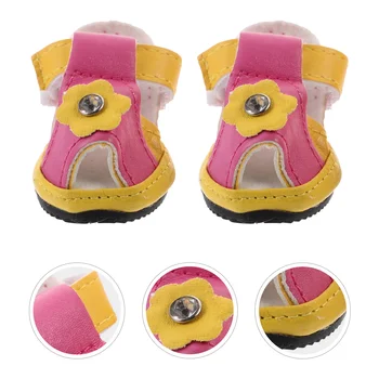 4 adet Yaz Nefes Evcil Hayvan Pet Köpek Ayakkabı PU Çiçek Sandalet Anti-Ayakkabı Pet Malzemeleri (Sarı) - Boyut 2