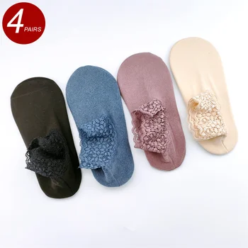 4 Pairs Dantel Orta Tüp Kadın Kış Çorap Sıcak Kadife Sonbahar Kız Yün Kar Çorap Kaymaz Rahat Katı Çorap