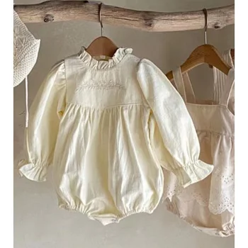4864B Bebek Kız Bodysuit 2023 İlkbahar ve Sonbahar Nakış Çiçek kız Tek Parça Elbise Prenses Tırmanma Giysileri