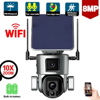 4G Güneş Kablosuz CCTV IP Güvenlik Kamera 10X Zoom 4K 8MP Açık Otomatik İzleme Wifi PTZ Video Gözetim Kamera Çift Lens