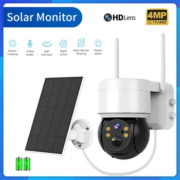4MP Wifi Güneş Kamera Açık 1080P Kablosuz Güvenlik CCTV Su Geçirmez Gece Görüş PTZ Monitör ile GÜNEŞ PANELI Desteği İCSEE