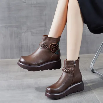 5.5 cm İnek Hakiki Deri Kadın Yaz İngiliz Tasarımcı Otantik Moda Ayak Bileği Orta Buzağı Çizmeler Platformu Kama ZİP çiçekli ayakkabı