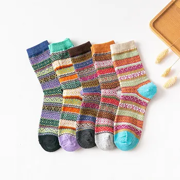 5 Çift Karışık Renk Unisex Örme Çorap Kış Kalınlaşmış Ve Sıcak Kadın Yün Çorap Dalga Çizgili Çiçek Etnik Tarzı Kısa Çorap