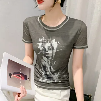 #6963 Yaz Baskılı Örgü T Shirt Kadın Kısa Kollu İnce Seksi Vintage Streetwear Tshirt Kore Tarzı Kısa kadın Tee Gömlek