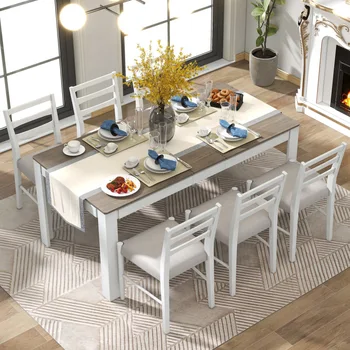 7 Parçalı Ahşap Yemek Masası Seti 12” Yapraklı ve 2 Çekmeceli Çok Fonksiyonlu Uzatılabilir Masa, Yumuşak Yastıklı 6 Yemek Sandalyesi