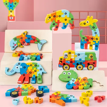 Ahşap Eşleştirme 3D Bulmaca Renkli Hayvan Araba Şekli Eşleştirme yap-boz Oyuncak Çocuklar için Erken Öğrenme eğitici oyuncak