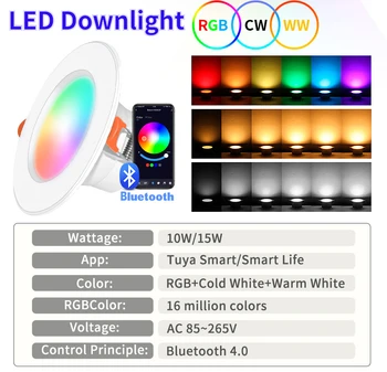 Akıllı Tuya LED Downlight 10W / 15W RGB+CW + WW ile Bluetooth App Alexa Akıllı Yaşam Ses Kontrolü Oturma Odası Dekorasyon Yatak Odası için