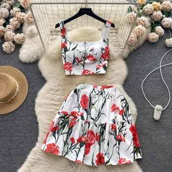ALPHALMODA 2023 Yaz Yeni Çiçek Baskı Kırpma Üst + Kısa A-line Etek Kadın 2 adet moda elbise