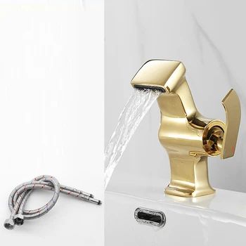 Altın Banyo Havzası Musluk Tek Kolu Modern Sıcak Soğuk Su musluk bataryası Şelale Tuvalet Banyo Musluk Vinç Dokunun Siyah Gümüş