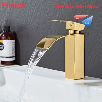 Altın Paslanmaz Çelik Şelale Banyo Havzası Musluk lavabo musluğu Kare Havza Musluk Tek Kolu Sıcak ve Soğuk Lavabo Muslukları