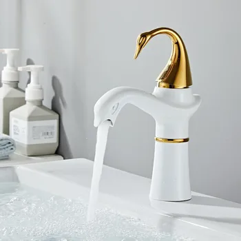 Altın ve Beyaz Kuğu Havza Musluk Musluk Pirinç Siyah Banyo Musluk Banyo Havzası Musluk musluk bataryası Sıcak Soğuk lavabo musluğu