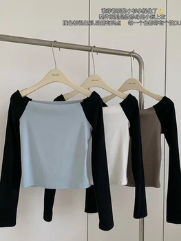 Amerikan Retro Yaz Büyük Boy T-Shirt Kontrast Renkler Kadın Harajuku Uzun Kollu Kadın Klasik Üstleri Basit Yeni Tasarım