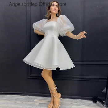 Angelsbrıdep Straplez Glitter Tül Abiye Kısa Elbise A-line Puf Kollu Abiye giyim Vestidos De Noche Balo Abiye