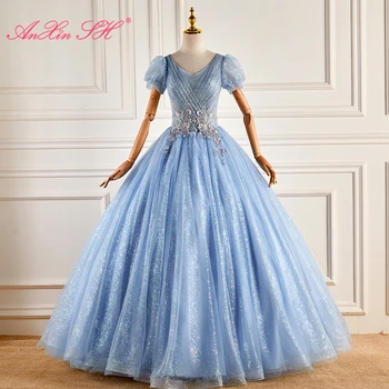 AnXin SH prenses mavi sparkly dantel v boyun kısa puf kollu boncuk çiçek kristal balo parti konak gelin akşam elbise
