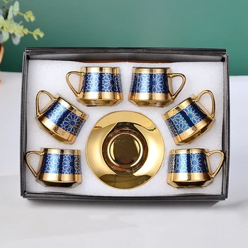 Arapça altın espresso kahve fincanları ve tabak seti porselen çay bardağı tabağı hediye kutusu ile