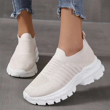 Artı Boyutu Platformu Çorap Ayakkabı Kadın Nefes Örme Kalın Taban spor ayakkabı Kadın Rahat Slip-On vulkanize ayakkabı Bayanlar